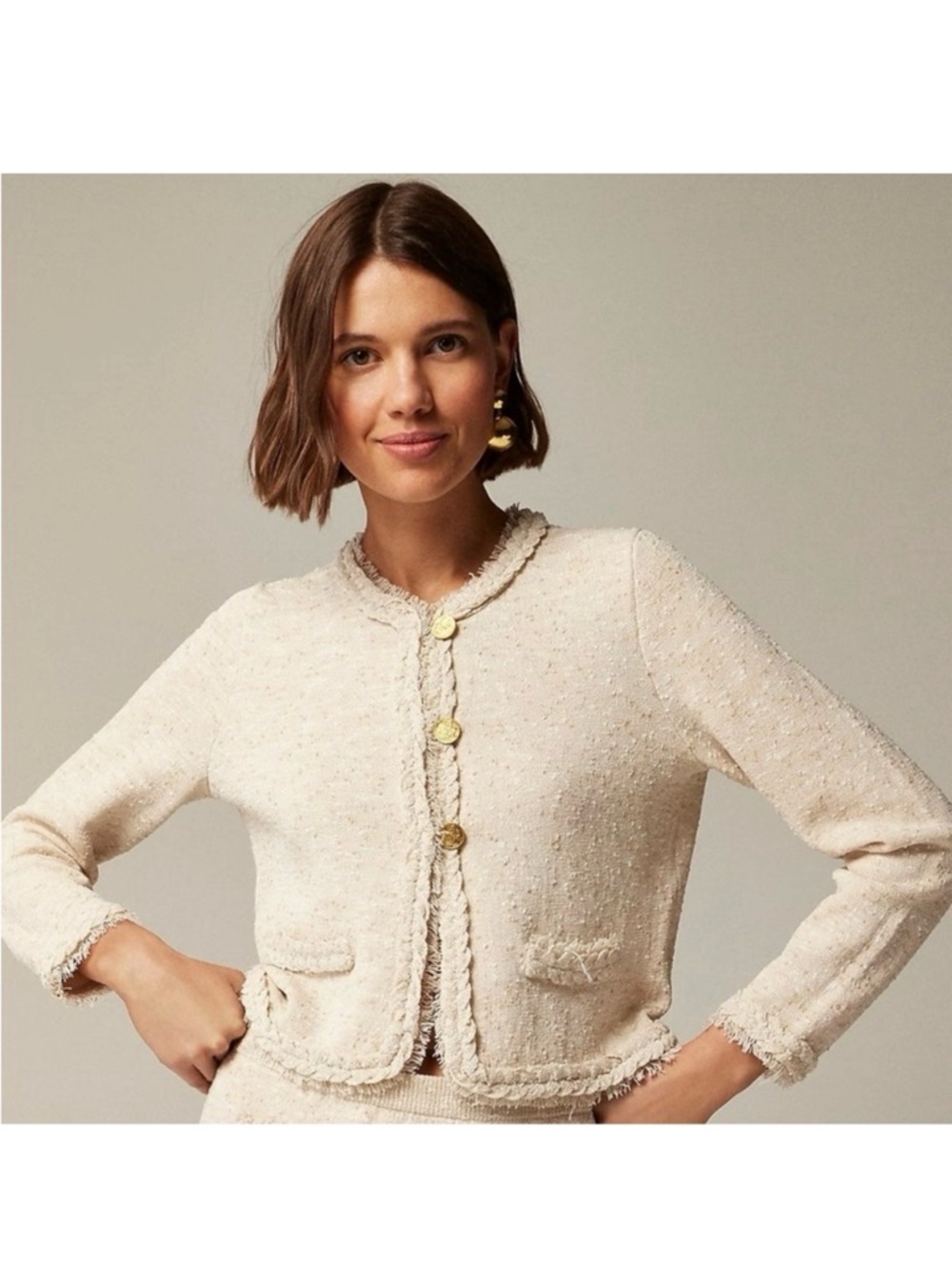 J. Crew Marled Fringe Trim Sweater Lady Jacket Braided Preppy Neutral Women’s M